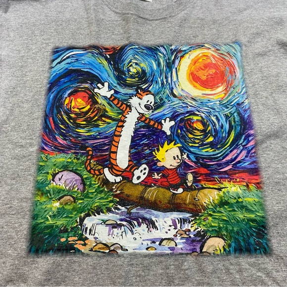 Fruit of the Loom Tops - Calvin HOBBS Starry Night T-Shirt with Colorful Logo Gray Short Sleeve XL